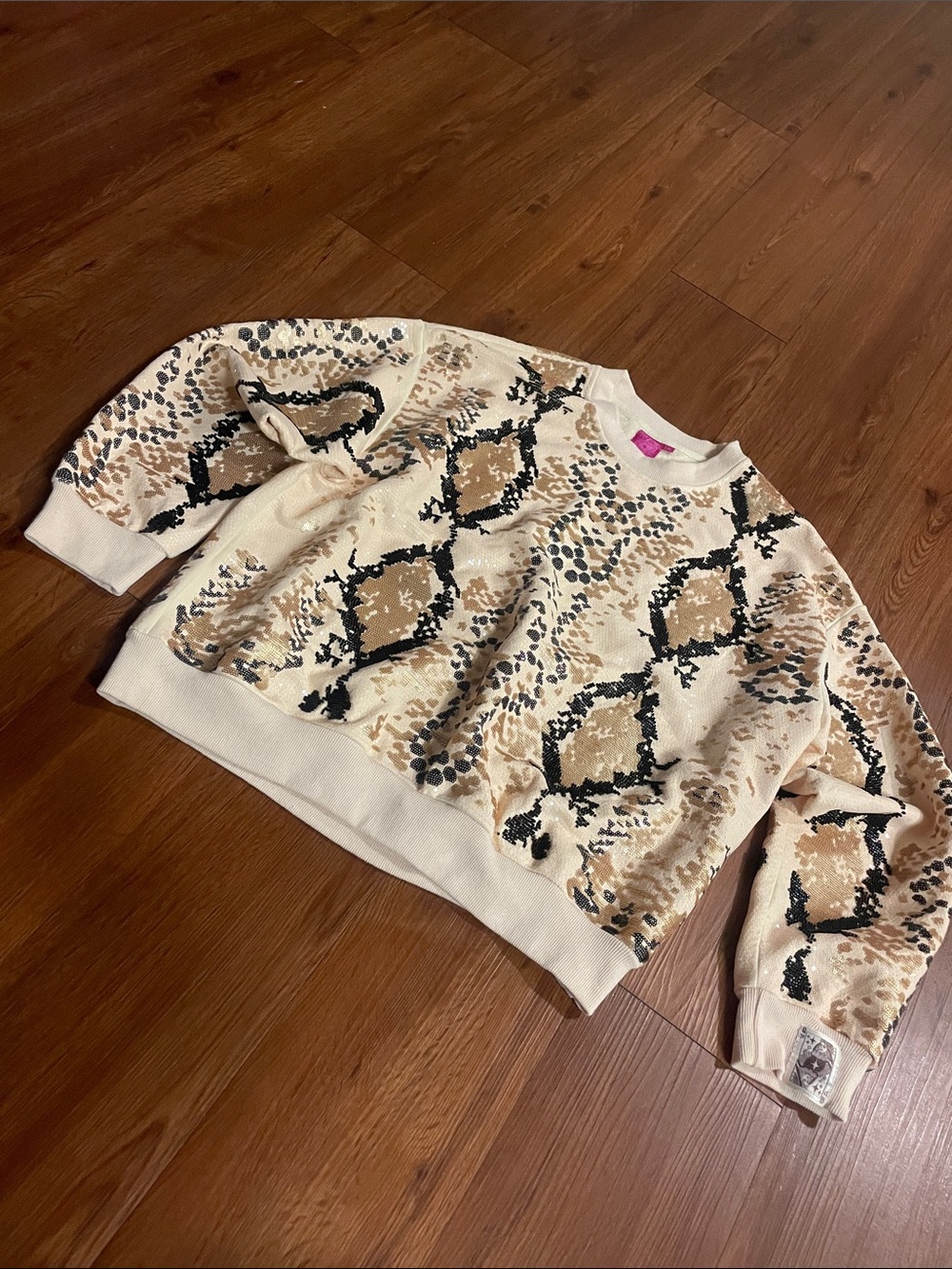 QUEEN OF SPARKLES Cream Animal-Print Crewneck Sweater with Tan & Black Details